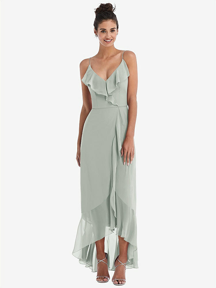 【STYLE: TH040】Ruffle-Trimmed V-Neck High Low Wrap Dress【COLOR: Willow Green】
