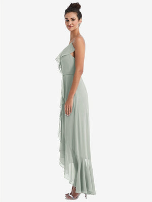 【STYLE: TH040】Ruffle-Trimmed V-Neck High Low Wrap Dress【COLOR: Willow Green】