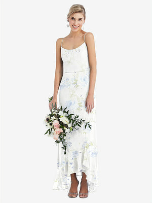 【NEW】【STYLE: TH041】スクープ 首 フリルトリム 高 低 マキシ ドレス【COLOR: Bleu Garden】【SIZE: 00-30W】