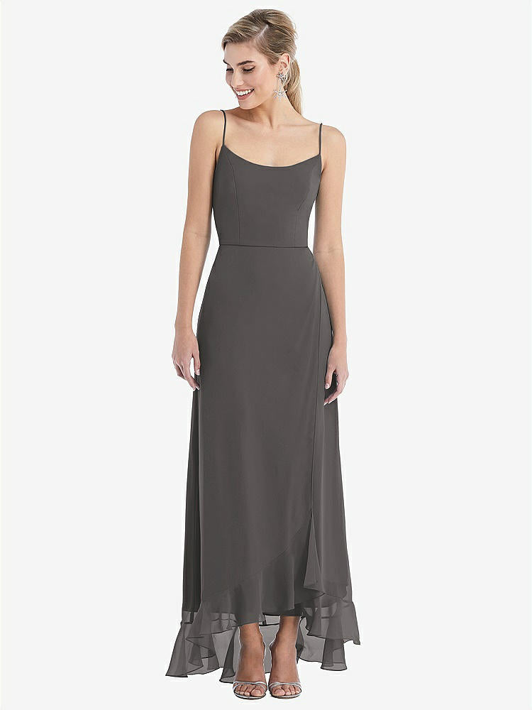 【STYLE: TH041】Scoop Neck Ruffle-Trimmed High Low Maxi Dress【COLOR: Caviar Gray】