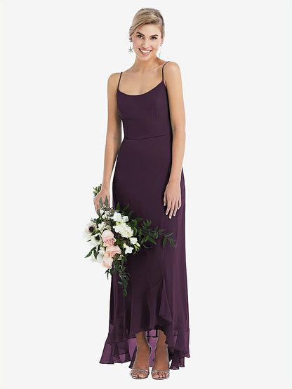 【NEW】【STYLE: TH041】スクープ 首 フリルトリム 高 低 マキシ ドレス【COLOR: Aubergine】【SIZE: 00-30W】