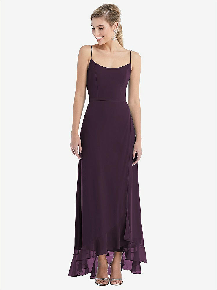 【NEW】【STYLE: TH041】スクープ 首 フリルトリム 高 低 マキシ ドレス【COLOR: Aubergine】【SIZE: 00-30W】