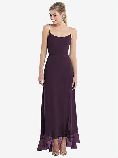 【NEW】【STYLE: TH041】スクープ 首 フリルトリム 高 低 マキシ ドレス【COLOR: Aubergine】【SIZE: 00-30W】