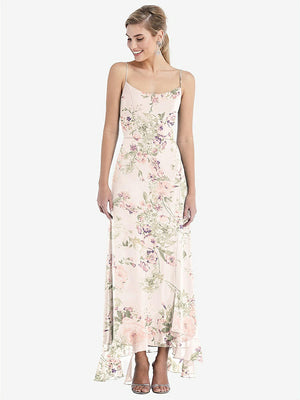 【NEW】【STYLE: TH041】スクープ 首 フリルトリム 高 低 マキシ ドレス【COLOR: Blush Garden】【SIZE: 00-30W】