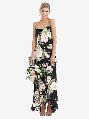 【NEW】【STYLE: TH041】スクープ 首 フリルトリム 高 低 マキシ ドレス【COLOR: Noir Garden】【SIZE: 00-30W】