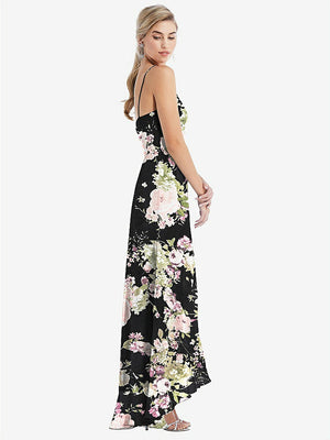 【NEW】【STYLE: TH041】スクープ 首 フリルトリム 高 低 マキシ ドレス【COLOR: Noir Garden】【SIZE: 00-30W】