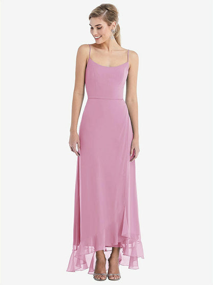 【STYLE: TH041】Scoop Neck Ruffle-Trimmed High Low Maxi Dress【COLOR: Powder Pink】