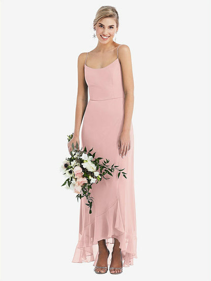 【STYLE: TH041】Scoop Neck Ruffle-Trimmed High Low Maxi Dress【COLOR: Rose - PANTONE Rose Quartz】