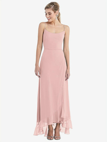 【STYLE: TH041】Scoop Neck Ruffle-Trimmed High Low Maxi Dress【COLOR: Rose - PANTONE Rose Quartz】