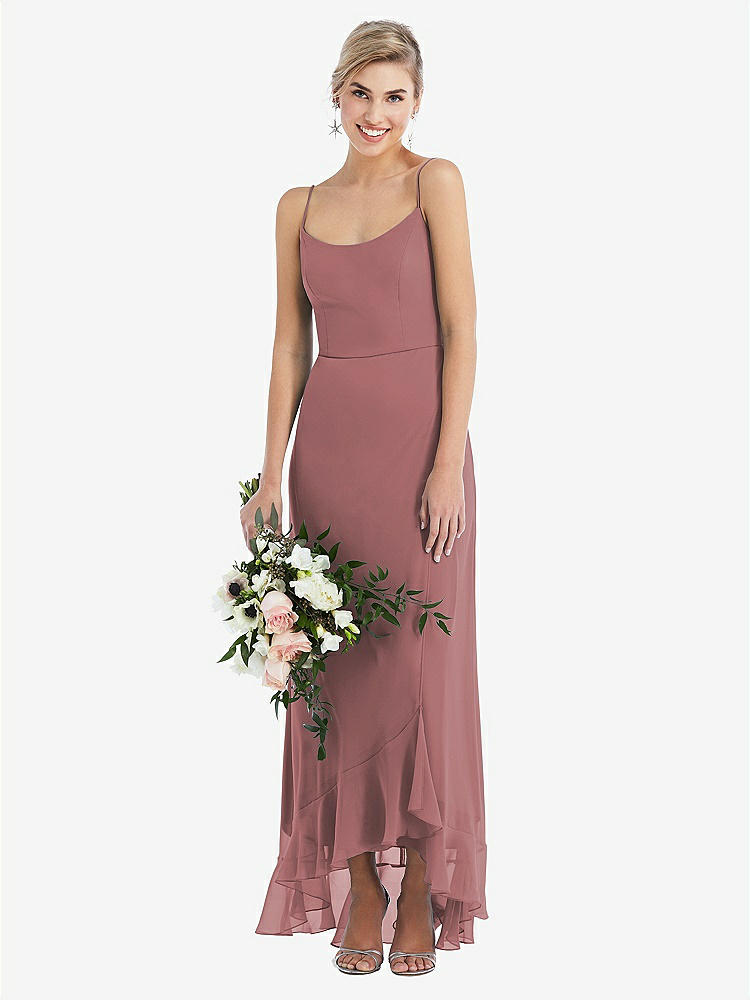 【STYLE: TH041】Scoop Neck Ruffle-Trimmed High Low Maxi Dress【COLOR: Rosewood】