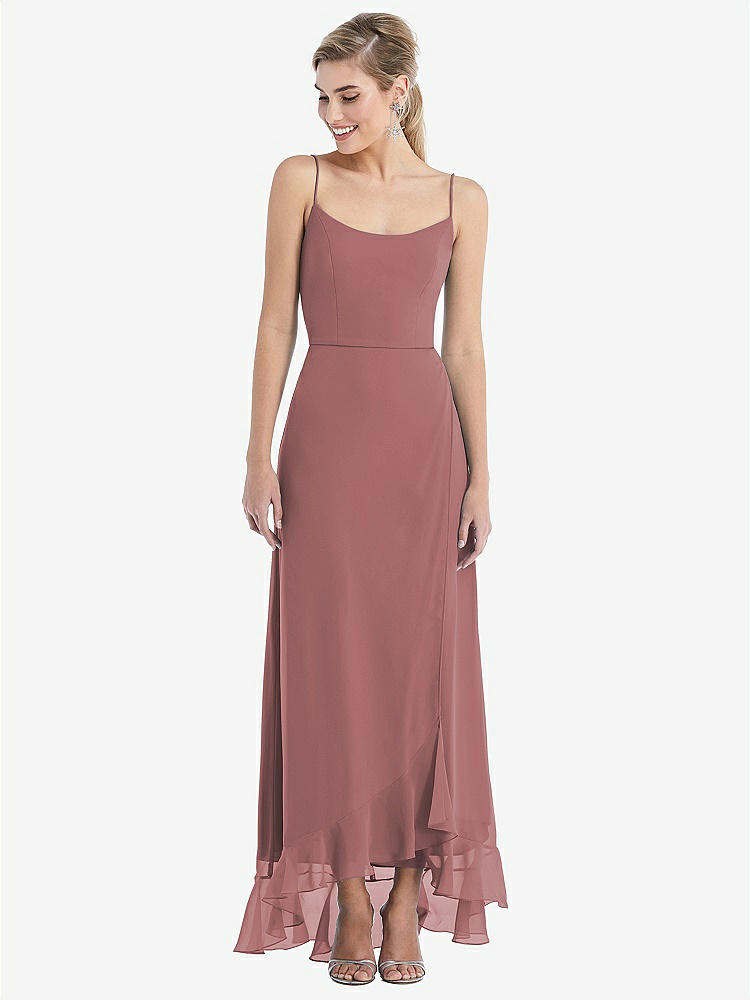 【STYLE: TH041】Scoop Neck Ruffle-Trimmed High Low Maxi Dress【COLOR: Rosewood】