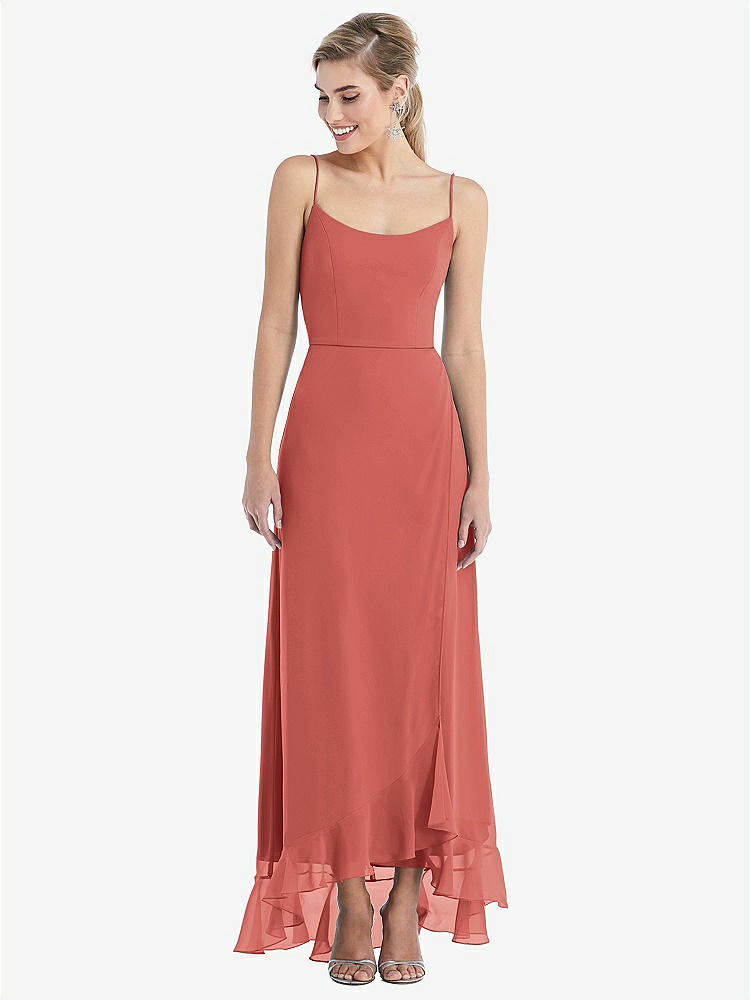 【STYLE: TH041】Scoop Neck Ruffle-Trimmed High Low Maxi Dress【COLOR: Coral Pink】