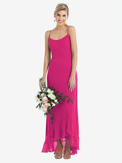【STYLE: TH041】Scoop Neck Ruffle-Trimmed High Low Maxi Dress【COLOR: Think Pink】