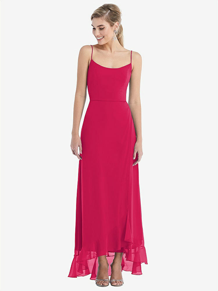 【STYLE: TH041】Scoop Neck Ruffle-Trimmed High Low Maxi Dress【COLOR: Vivid Pink】