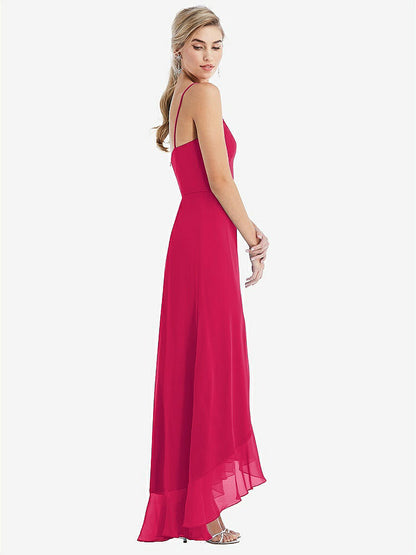 【STYLE: TH041】Scoop Neck Ruffle-Trimmed High Low Maxi Dress【COLOR: Vivid Pink】