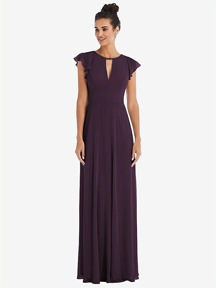 【STYLE: TH042】Flutter Sleeve V-Keyhole Chiffon Maxi Dress【COLOR: Aubergine】
