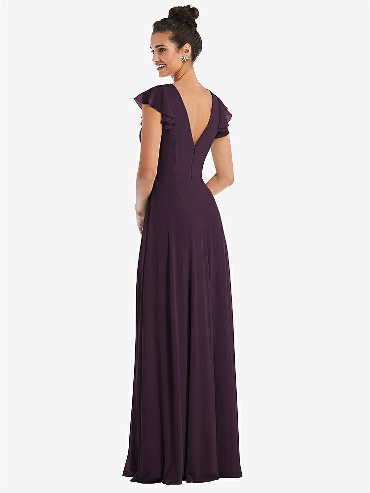 【STYLE: TH042】Flutter Sleeve V-Keyhole Chiffon Maxi Dress【COLOR: Aubergine】