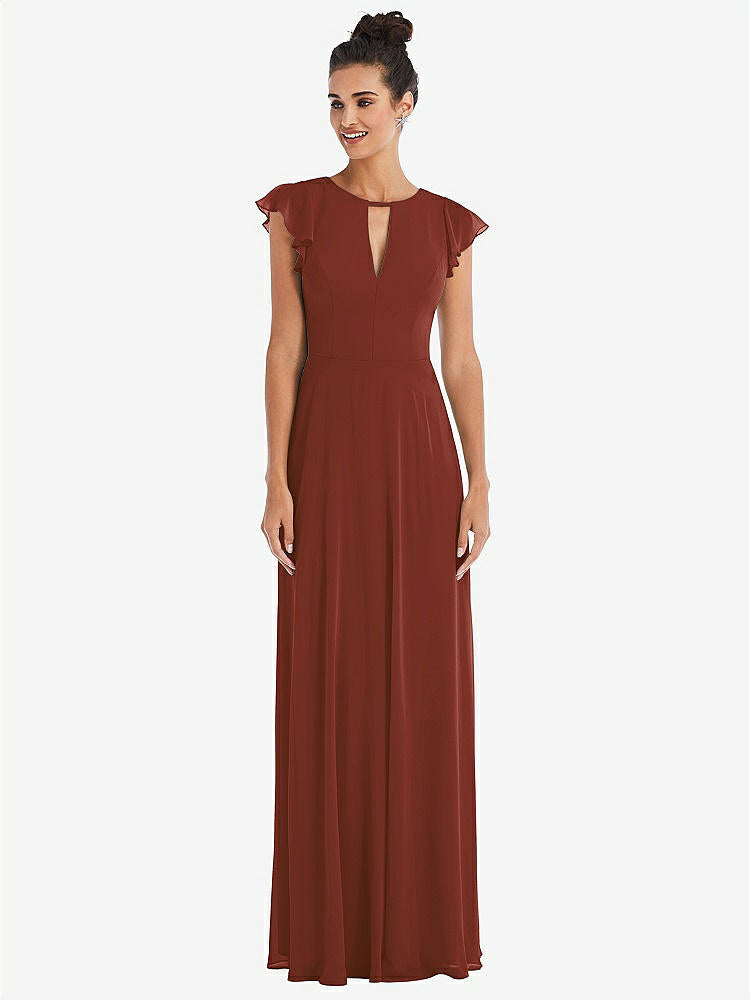 【STYLE: TH042】Flutter Sleeve V-Keyhole Chiffon Maxi Dress【COLOR: Auburn Moon】