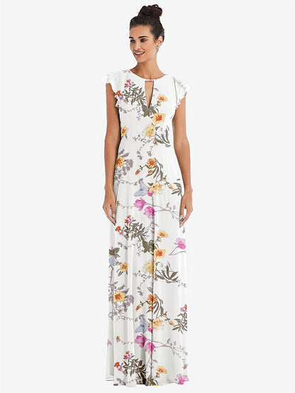 【STYLE: TH042】Flutter Sleeve V-Keyhole Chiffon Maxi Dress【COLOR: Butterfly Botanica Ivory】