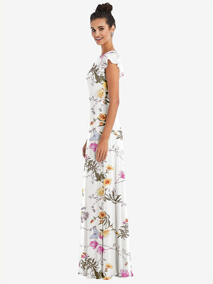 【STYLE: TH042】Flutter Sleeve V-Keyhole Chiffon Maxi Dress【COLOR: Butterfly Botanica Ivory】