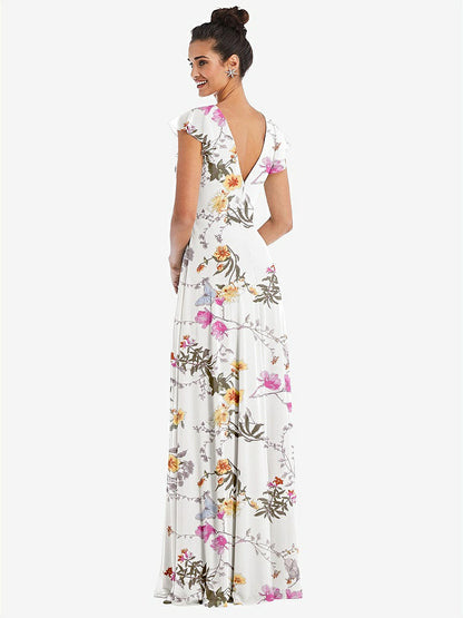【STYLE: TH042】Flutter Sleeve V-Keyhole Chiffon Maxi Dress【COLOR: Butterfly Botanica Ivory】