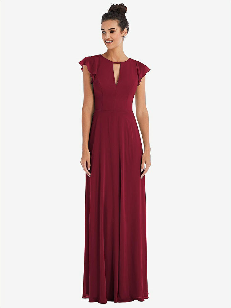【STYLE: TH042】Flutter Sleeve V-Keyhole Chiffon Maxi Dress【COLOR: Burgundy】