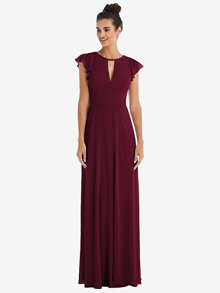 【STYLE: TH042】Flutter Sleeve V-Keyhole Chiffon Maxi Dress【COLOR: Cabernet】
