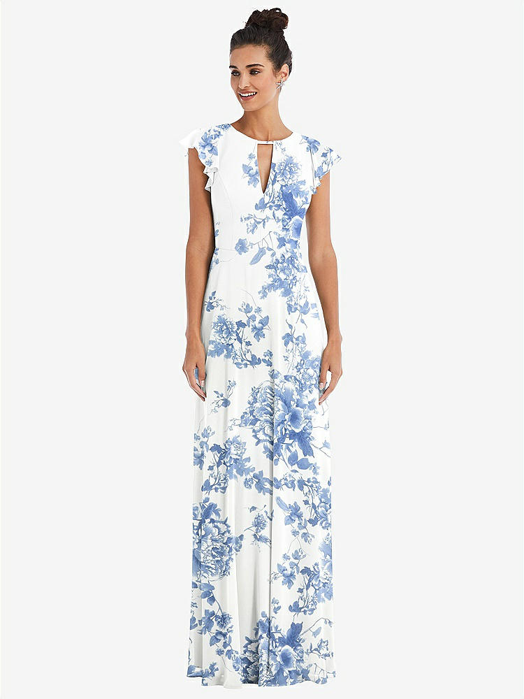 【STYLE: TH042】Flutter Sleeve V-Keyhole Chiffon Maxi Dress【COLOR: Cottage Rose Dusk Blue】