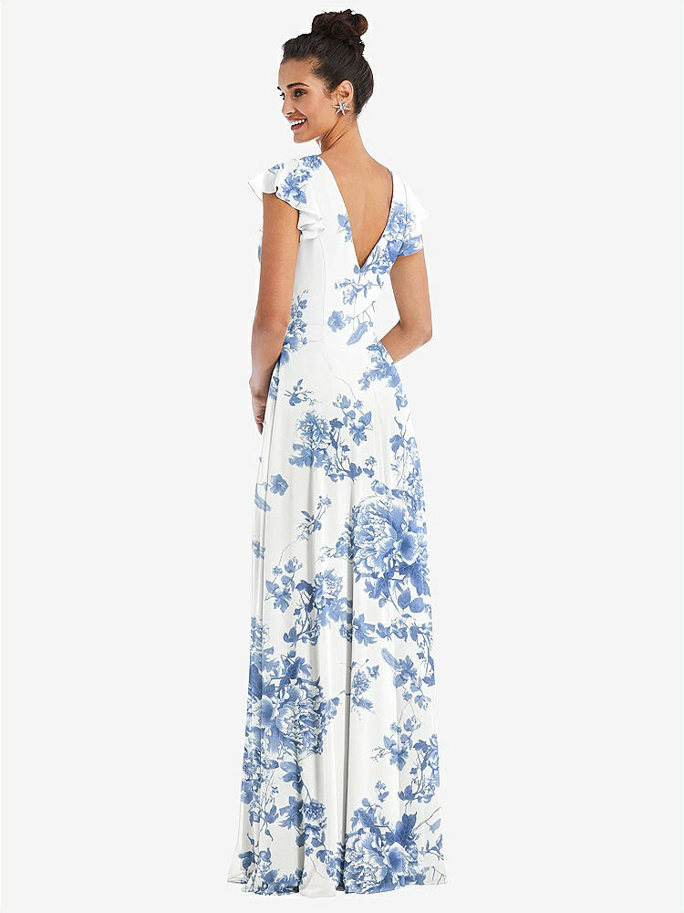 【STYLE: TH042】Flutter Sleeve V-Keyhole Chiffon Maxi Dress【COLOR: Cottage Rose Dusk Blue】