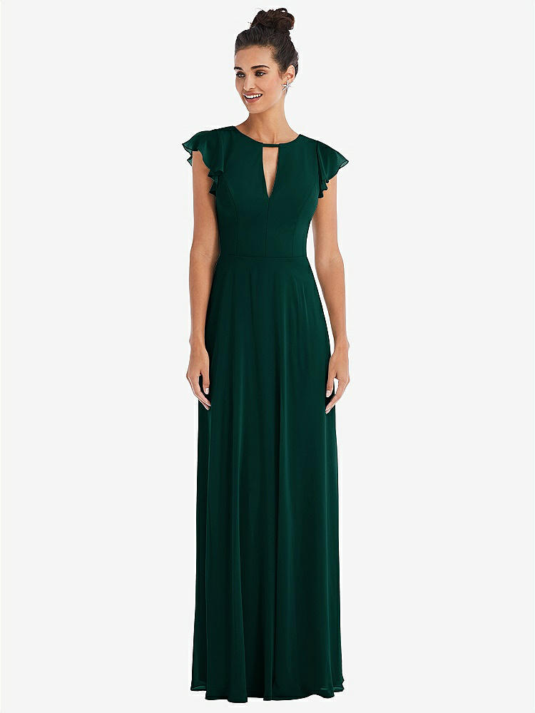 【STYLE: TH042】Flutter Sleeve V-Keyhole Chiffon Maxi Dress【COLOR: Evergreen】