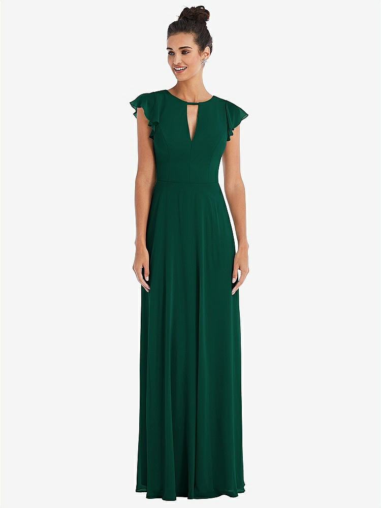 【STYLE: TH042】Flutter Sleeve V-Keyhole Chiffon Maxi Dress【COLOR: Hunter Green】