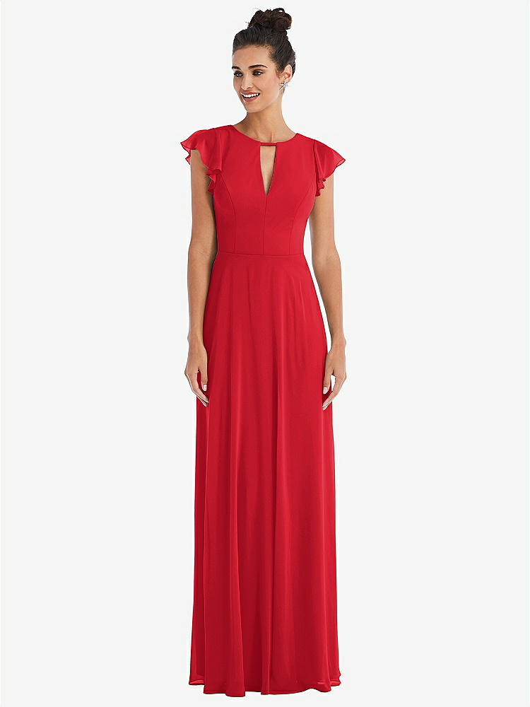 【STYLE: TH042】Flutter Sleeve V-Keyhole Chiffon Maxi Dress【COLOR: Parisian Red】