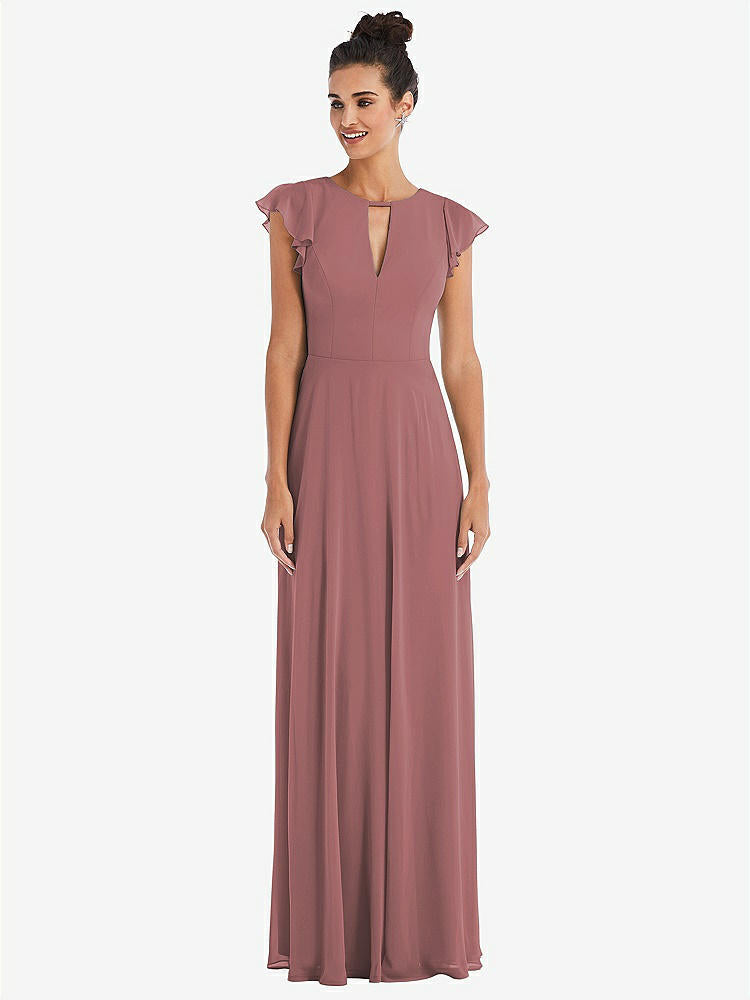 【STYLE: TH042】Flutter Sleeve V-Keyhole Chiffon Maxi Dress【COLOR: Rosewood】