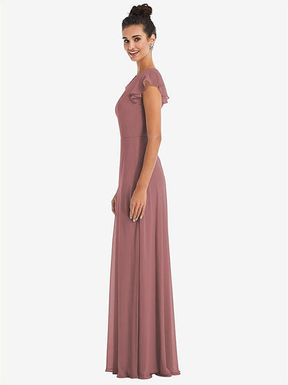 【STYLE: TH042】Flutter Sleeve V-Keyhole Chiffon Maxi Dress【COLOR: Rosewood】