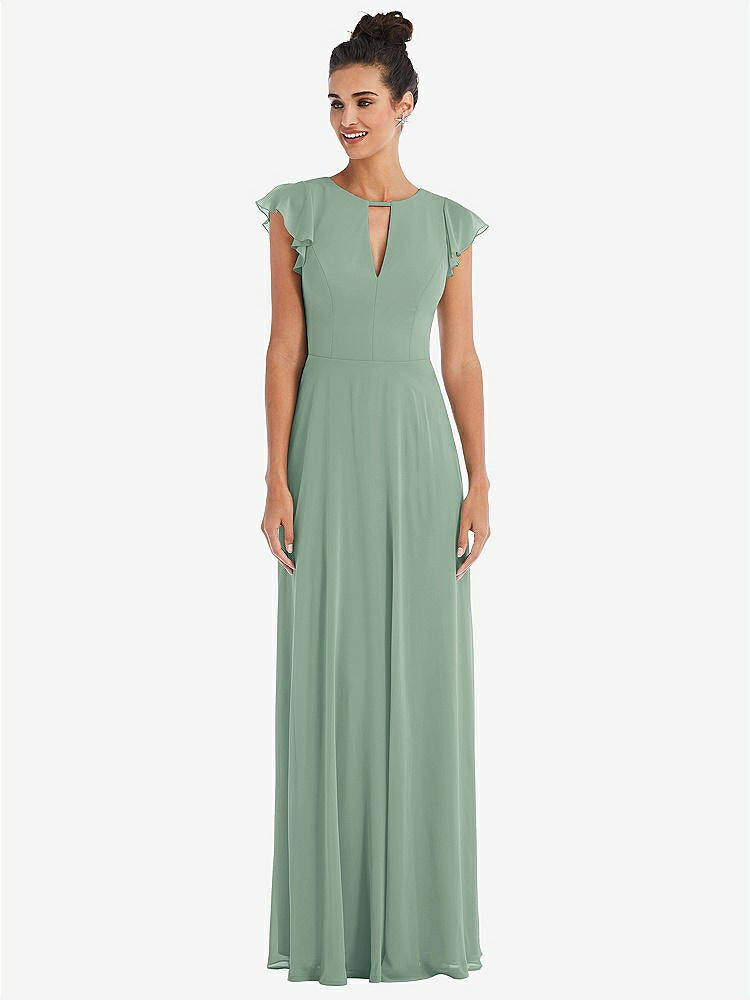 【STYLE: TH042】Flutter Sleeve V-Keyhole Chiffon Maxi Dress【COLOR: Seagrass】