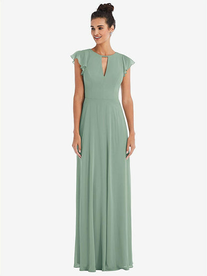 【STYLE: TH042】Flutter Sleeve V-Keyhole Chiffon Maxi Dress【COLOR: Seagrass】