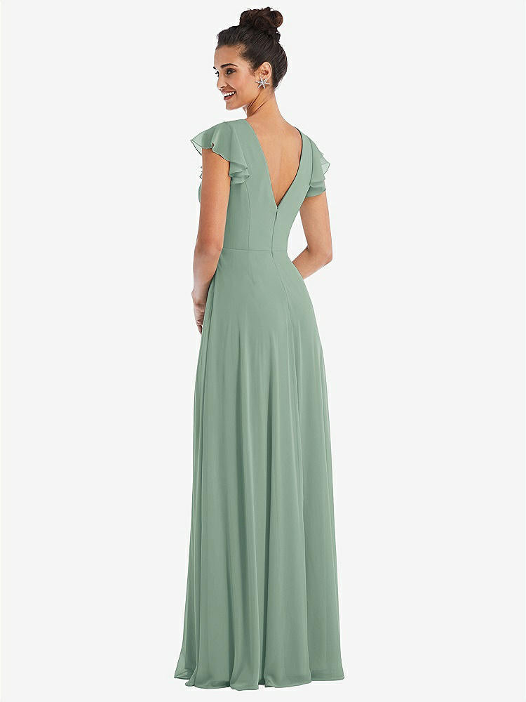 【STYLE: TH042】Flutter Sleeve V-Keyhole Chiffon Maxi Dress【COLOR: Seagrass】