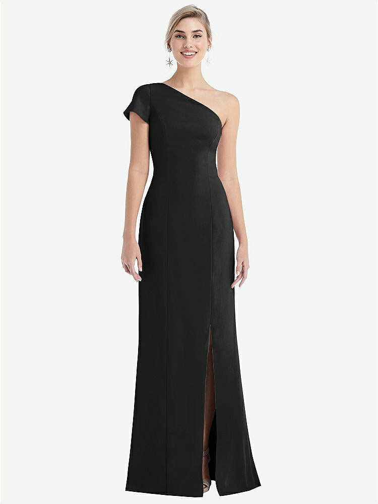 【STYLE: TH043】One-Shoulder Cap Sleeve Trumpet Gown with Front Slit【COLOR: Black】