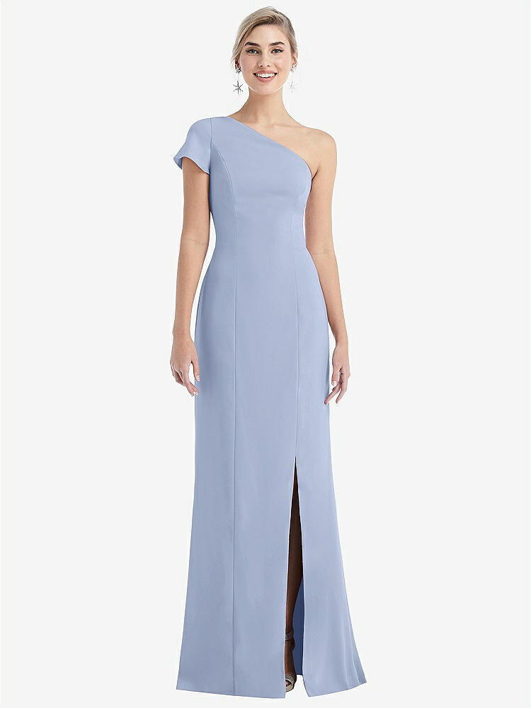 【STYLE: TH043】One-Shoulder Cap Sleeve Trumpet Gown with Front Slit【COLOR: Sky Blue】