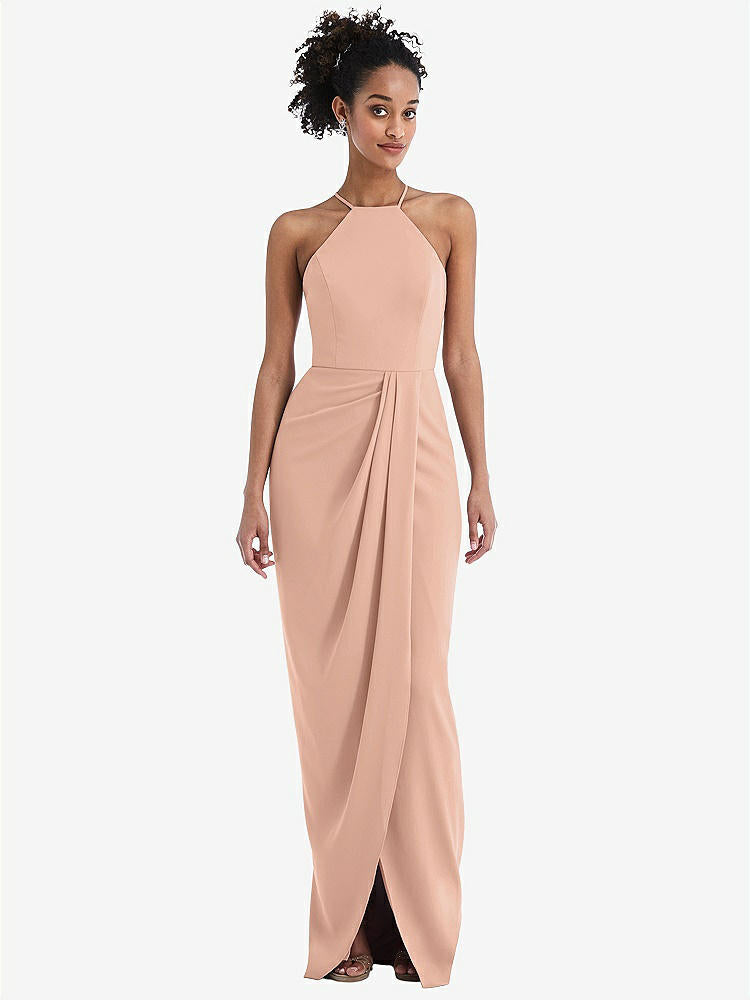 【STYLE: TH044】Halter Draped Tulip Skirt Maxi Dress【COLOR: Pale Peach】