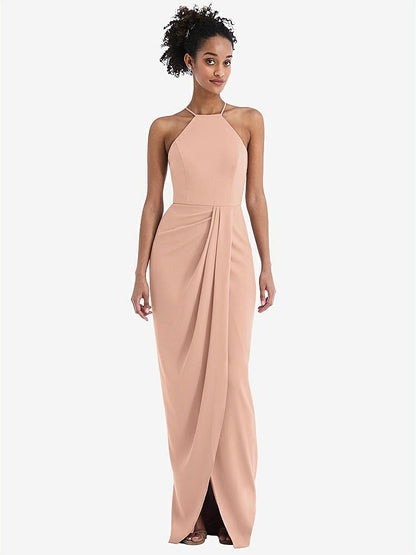 【STYLE: TH044】Halter Draped Tulip Skirt Maxi Dress【COLOR: Pale Peach】