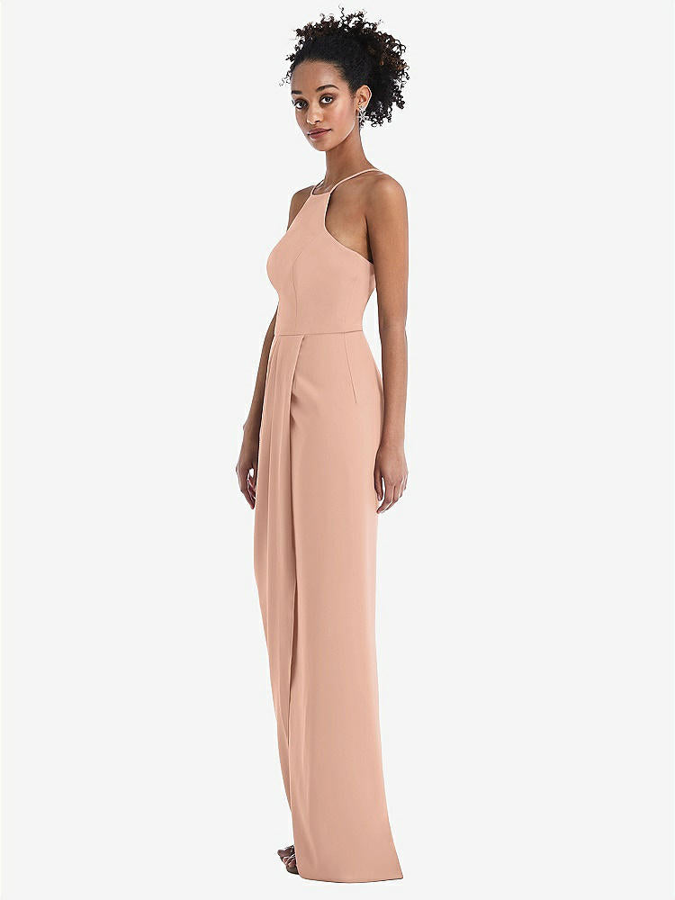 【STYLE: TH044】Halter Draped Tulip Skirt Maxi Dress【COLOR: Pale Peach】