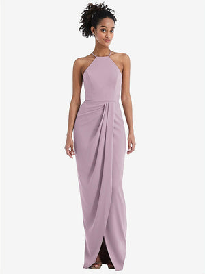 【NEW】【STYLE: TH044】ホルター ドレープ チューリップ スカート マキシ ドレス【COLOR: Suede Rose】【SIZE: 00-30W】