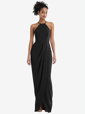 【NEW】【STYLE: TH044】ホルター ドレープ チューリップ スカート マキシ ドレス【COLOR: Black】【SIZE: 00-30W】