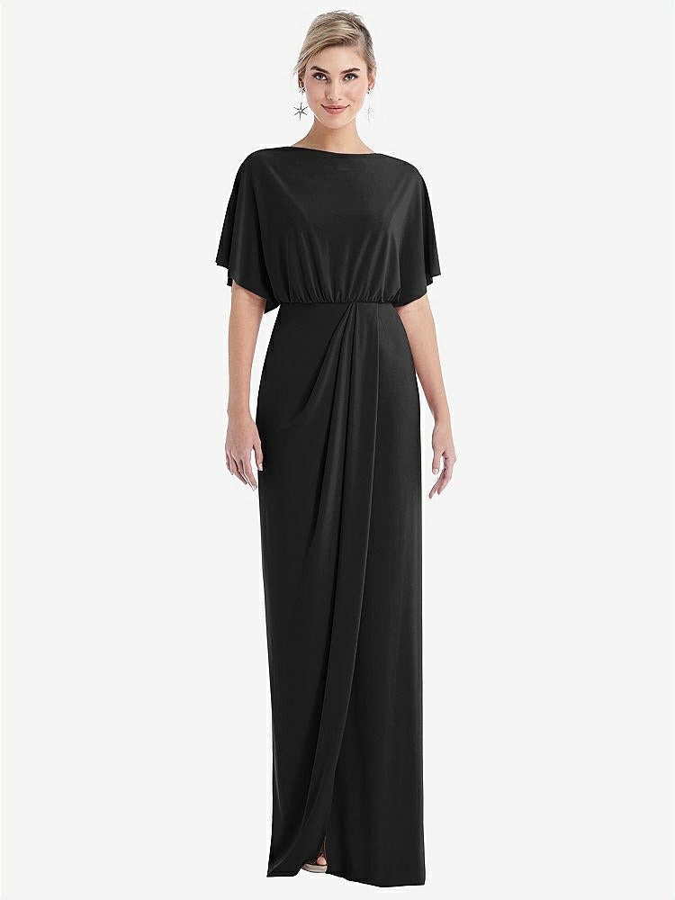 【STYLE: TH045】Open-Back Three-Quarter Sleeve Draped Tulip Skirt Maxi Dress【COLOR: Black】