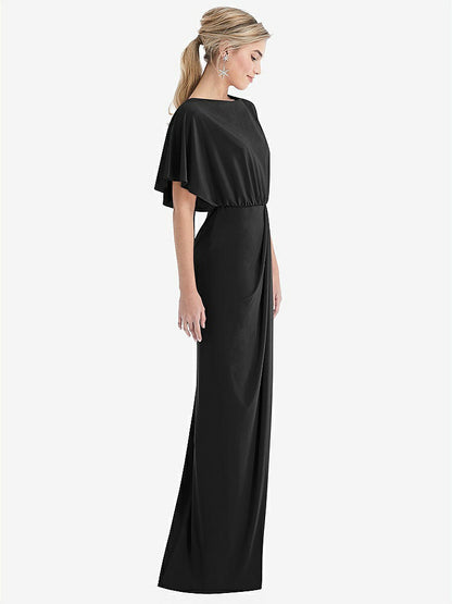 【STYLE: TH045】Open-Back Three-Quarter Sleeve Draped Tulip Skirt Maxi Dress【COLOR: Black】
