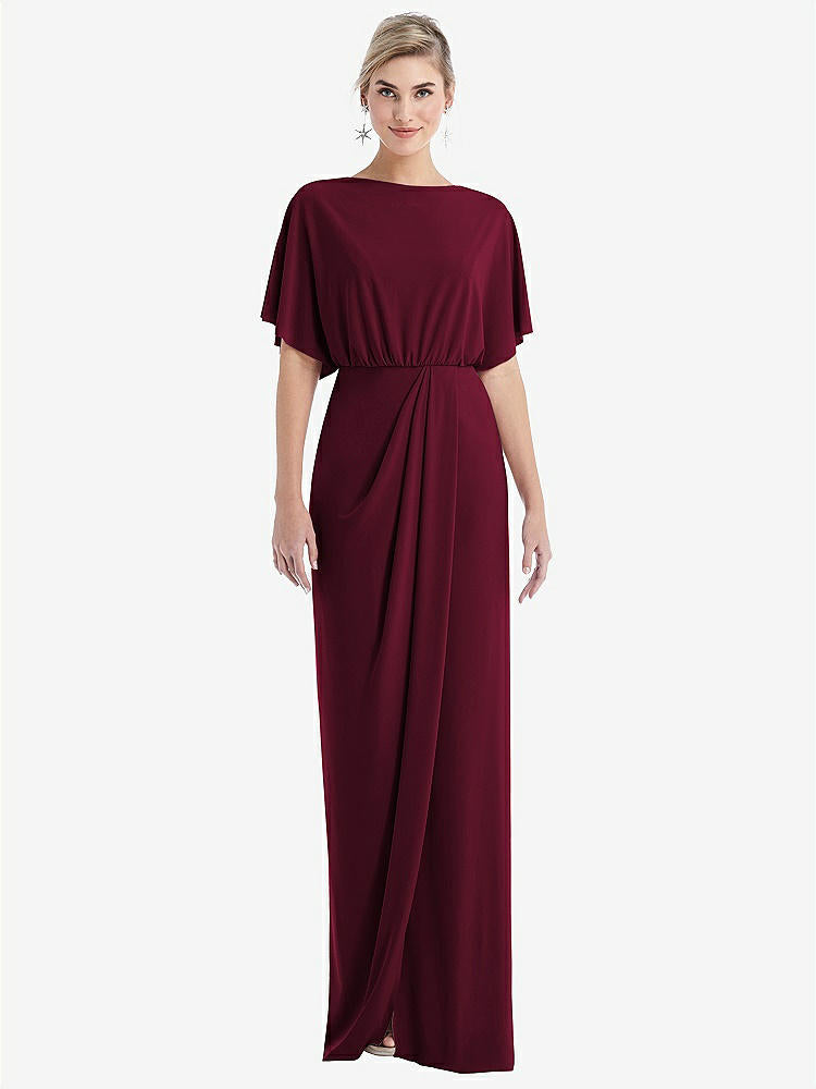 【STYLE: TH045】Open-Back Three-Quarter Sleeve Draped Tulip Skirt Maxi Dress【COLOR: Cabernet】