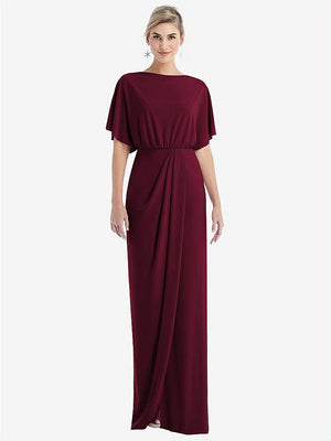 【STYLE: TH045】Open-Back Three-Quarter Sleeve Draped Tulip Skirt Maxi Dress【COLOR: Cabernet】