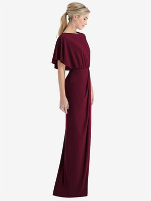 【STYLE: TH045】Open-Back Three-Quarter Sleeve Draped Tulip Skirt Maxi Dress【COLOR: Cabernet】