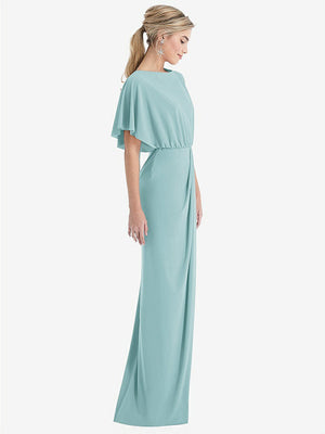 【NEW】【STYLE: TH045】オープンバック 4分の3 スリーブ ドレープ チューリップ スカート マキシ ドレス【COLOR: Canal Blue】【SIZE: 00-30W】